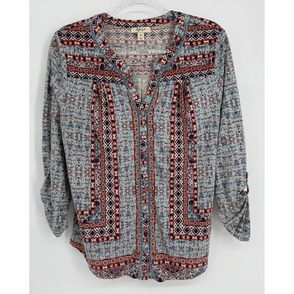Style & Co Petite Sz XL Blue Burgundy Geometric Boho‎ Roll Tab 3/4 Sleeve Blouse